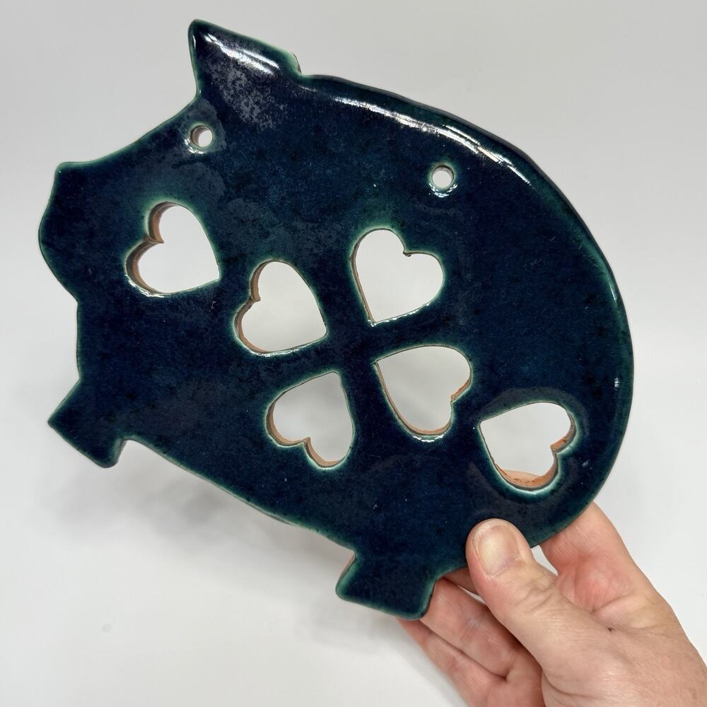 1990s Pottery Clay Pig Trivet Hearts Wall Decor 8" Blue Green Cottagecore Farm
